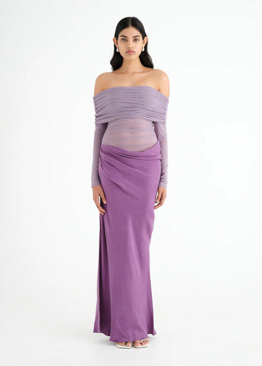 Benni Yasmin off shoulder midi dress in Vintage Orchid